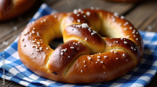 Golden-brown pretzel sprinkled with coarse salt on a blue checkered cloth, showcasing delicious texture and inviting appearance