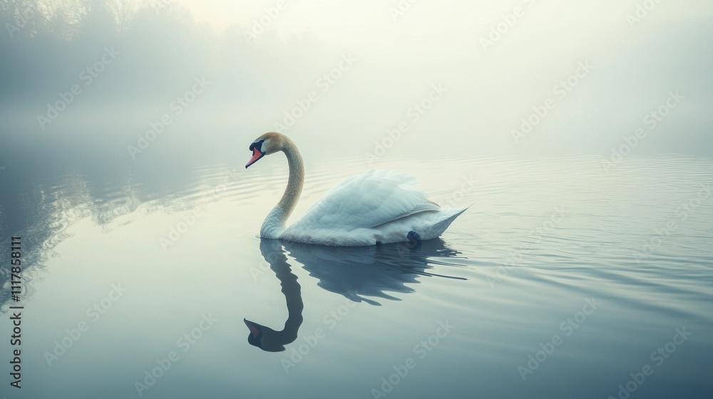 Fototapeta premium lone swan gliding gracefully across still pond, surrounded by serene mist. tranquil scene evokes sense of peace and beauty in nature