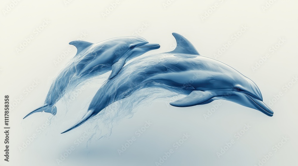 Obraz premium Majestic Dolphins Leaping Breathtaking Underwater Scene of Mother and Calf in Serene Blue Waters.