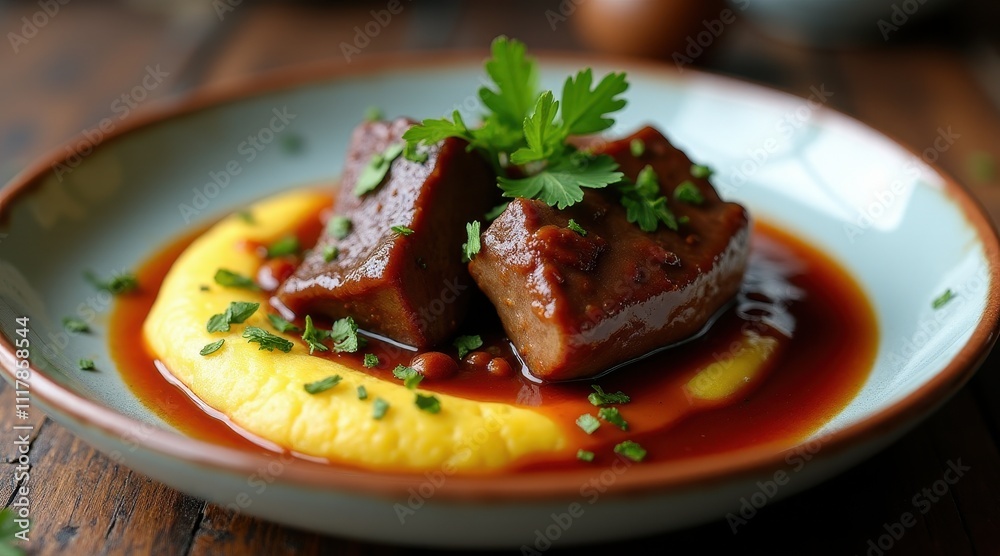 Tender beef brisket served with a rich sauce and creamy polenta, garnished with fresh parsley on a rustic wooden table Tender beef brisket served with a rich sauce and creamy polenta, garnished with fresh parsley on a rustic wooden table