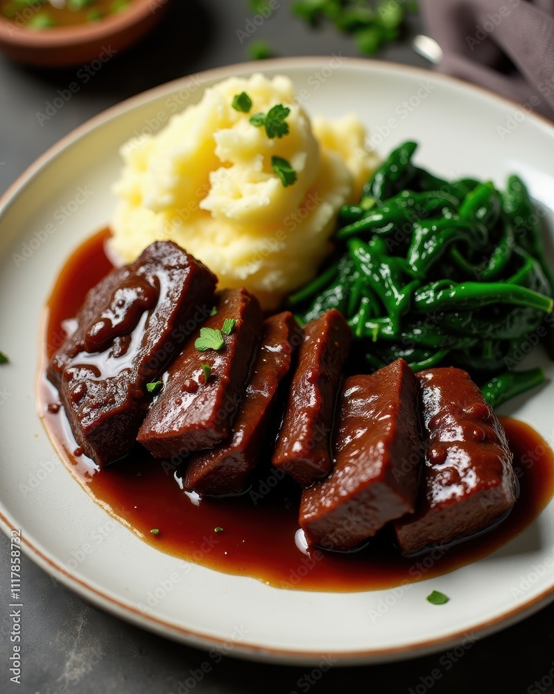 Sliced beef drizzled with rich gravy, served alongside creamy mashed potatoes and vibrant sautéed spinach on a white plate Sliced beef drizzled with rich gravy, served alongside creamy mashed potatoes and vibrant sautéed spinach on a white plate