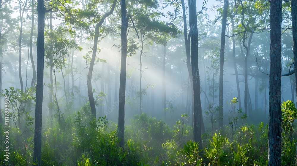 Fototapeta premium A serene forest scene shrouded in mist, with soft light filtering through the trees.