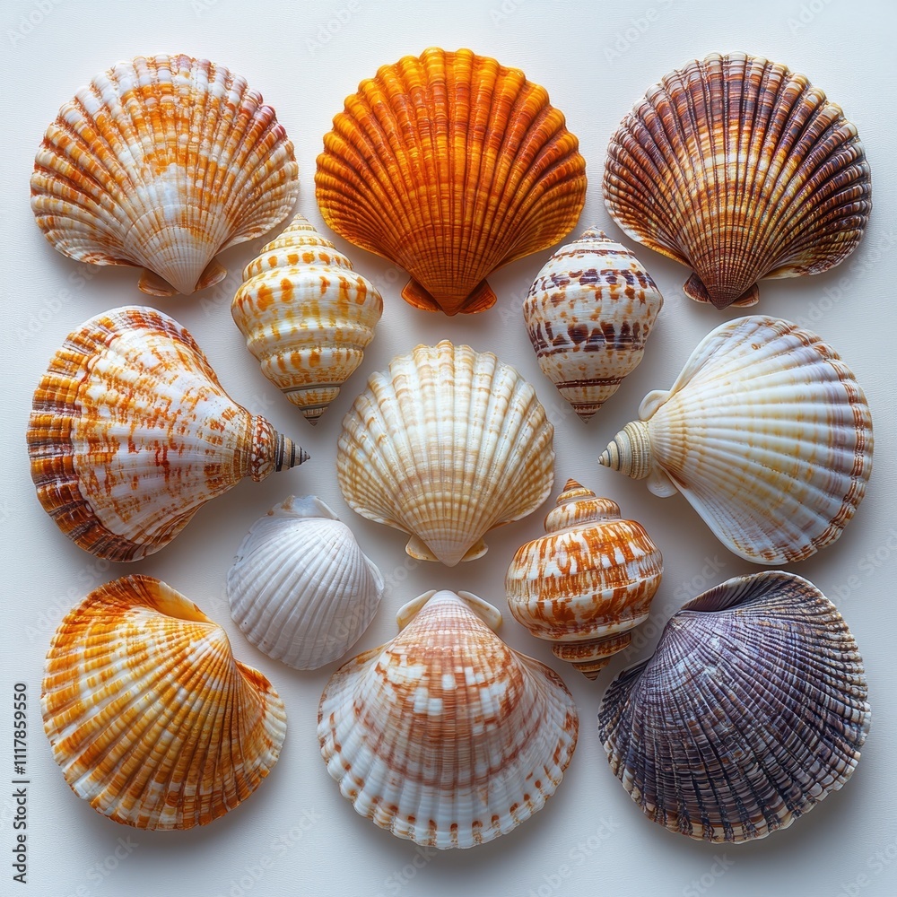 Collection of Assorted Seashells Detailed Macro Photography of Diverse Ocean Shell Specimens, Including Scallops, Cones, and More. Collection of Assorted Seashells Detailed Macro Photography of Diverse Ocean Shell Specimens, Including Scallops, Cones, and More.