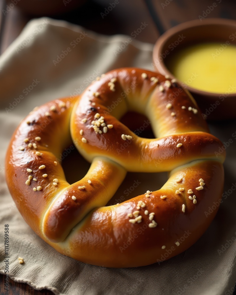 Golden-brown pretzel with sesame seeds rests on a cloth, accompanied by a small bowl of yellow mustard Golden-brown pretzel with sesame seeds rests on a cloth, accompanied by a small bowl of yellow mustard