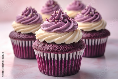 Three colorful cupcakes with purple frosting and sprinkles, perfect for a party or special occasion