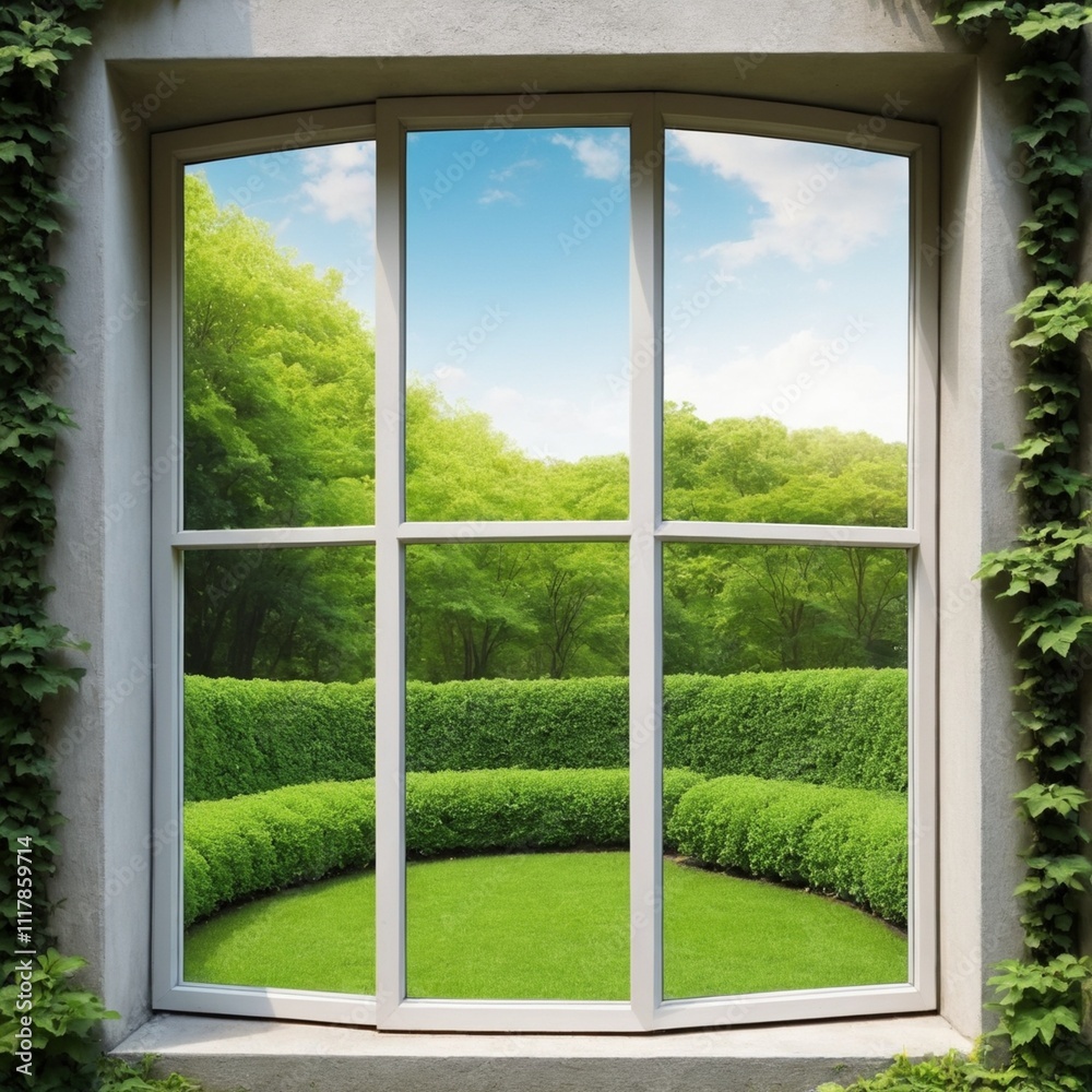 big window with abstract green garden background big window with abstract green garden background