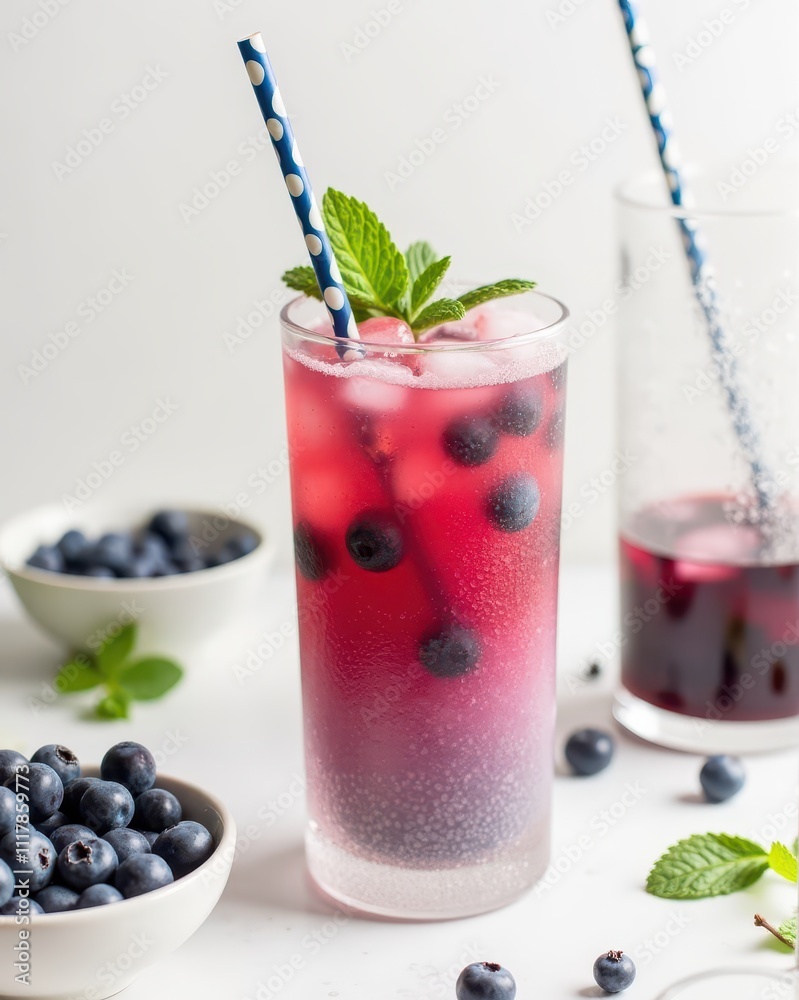 Refreshing blueberry soda with ice and mint leaves in a tall glass, surrounded by fresh blueberries and a polka dot straw Refreshing blueberry soda with ice and mint leaves in a tall glass, surrounded by fresh blueberries and a polka dot straw