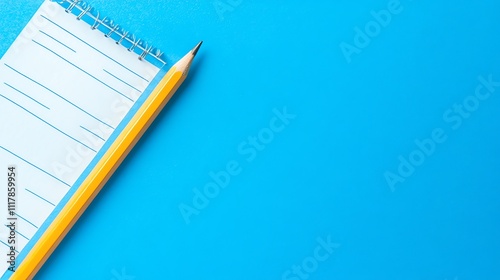 A yellow pencil and a notepad on a blue background.