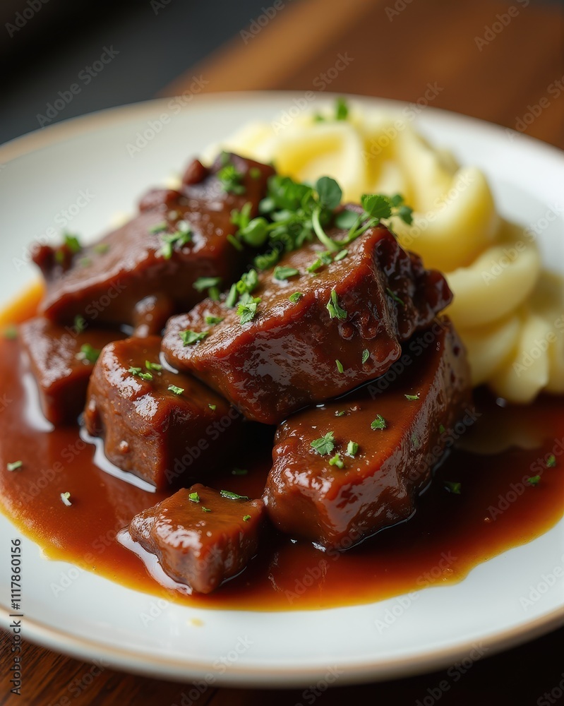 Braised beef in rich gravy garnished with fresh herbs, served alongside creamy mashed potatoes on a white plate Braised beef in rich gravy garnished with fresh herbs, served alongside creamy mashed potatoes on a white plate