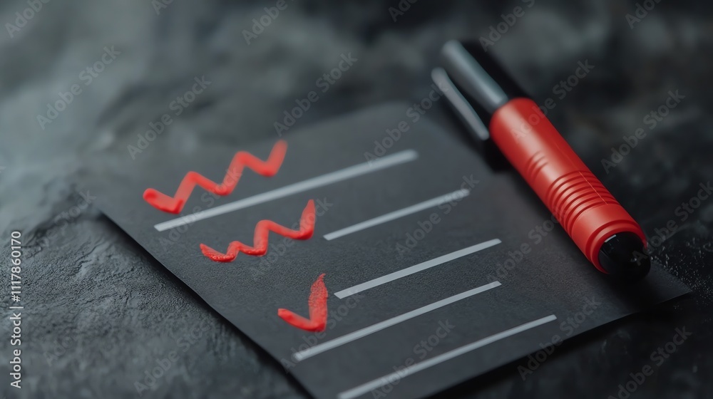 The image shows a checklist with a red marker. It suggests that someone is completing tasks or marking off a list of to-dos. The image shows a checklist with a red marker. It suggests that someone is completing tasks or marking off a list of to-dos.