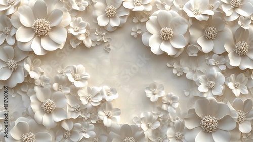 Elegant 3D rendered white flowers on beige background.