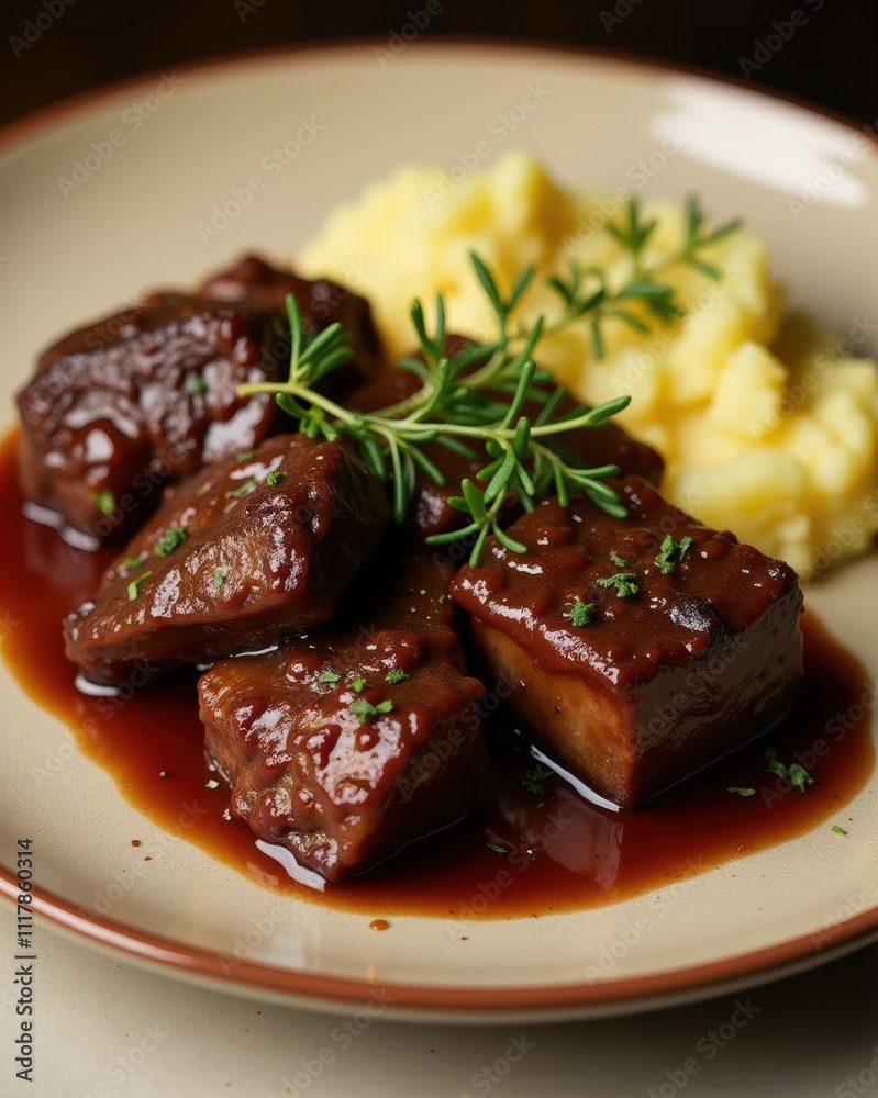 Tender beef glazed in rich sauce with fresh herbs, paired with creamy mashed potatoes for a gourmet dining experience Tender beef glazed in rich sauce with fresh herbs, paired with creamy mashed potatoes for a gourmet dining experience
