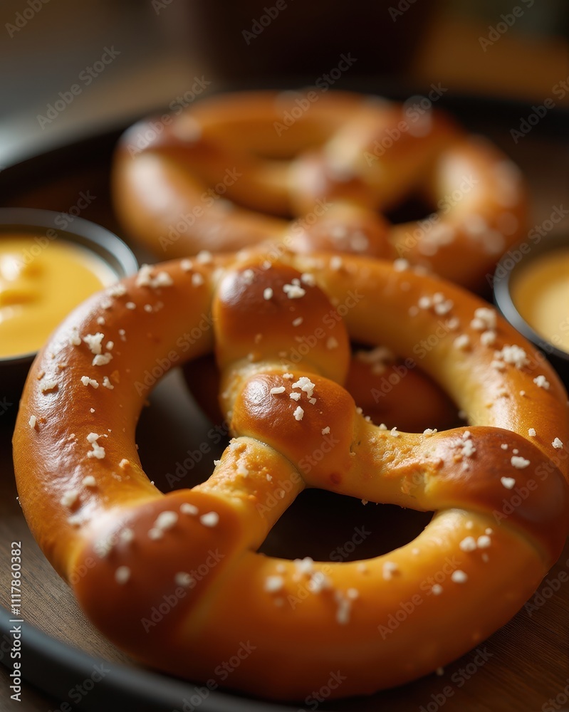 Salted pretzels served with creamy dipping sauce on a wooden plate, showcasing a classic snack with a savory twist Salted pretzels served with creamy dipping sauce on a wooden plate, showcasing a classic snack with a savory twist