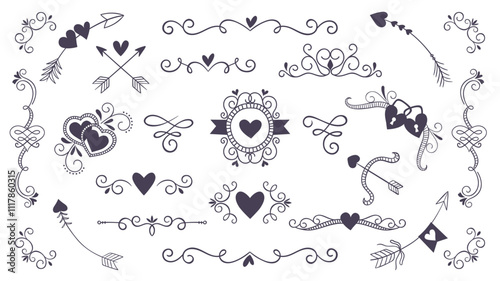 Cute hand-drawn lovely text dividers and corners, perfect for decorating Valentine Day gift cards and wedding invitation. A total of 20 isolated items. Vector illustration.