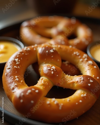 Salted pretzels served with creamy dipping sauce on a wooden plate, showcasing a classic snack with a savory twist