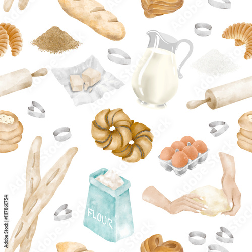 Seamless watercolor pattern of baking ingredients