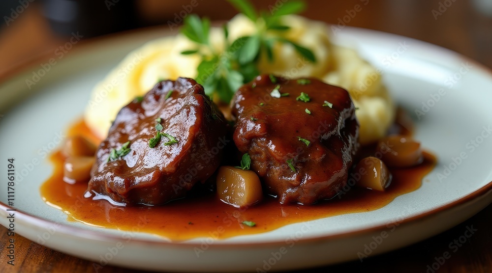 Savory braised beef cheeks served on a plate with creamy mashed potatoes, garnished with fresh herbs and glazed in a rich red wine sauce Savory braised beef cheeks served on a plate with creamy mashed potatoes, garnished with fresh herbs and glazed in a rich red wine sauce