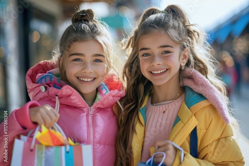 Young friends carrying shopping bags, possibly after a shopping trip photo