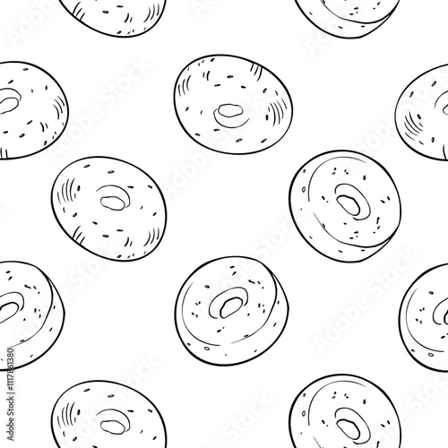 Whole bagel with sesame black white vector seamless pattern isolated. Doughnut bread hand drawn by ink line art. Bread ring monochrome sketch on repeat texture for design textile, packaging bakery.