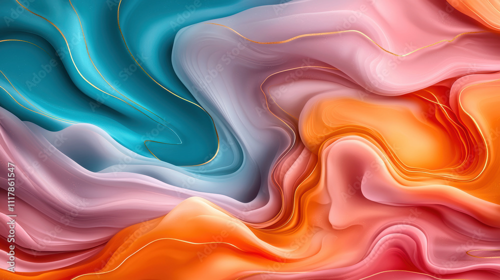 Fototapeta premium Fluid marble textures in pastel tones with vibrant swirls and golden accents