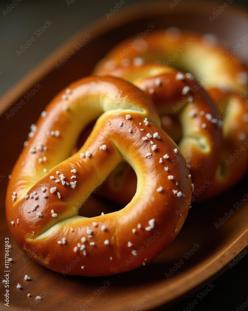 Freshly baked pretzels sprinkled with coarse salt are artfully arranged in a wooden dish, highlighting their golden-brown crust and soft texture Freshly baked pretzels sprinkled with coarse salt are artfully arranged in a wooden dish, highlighting their golden-brown crust and soft texture