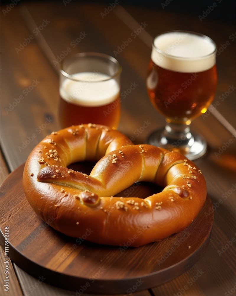 A golden-brown pretzel with salt granules is paired with two frothy glasses of beer on a wooden table, creating a classic snack and beverage combination A golden-brown pretzel with salt granules is paired with two frothy glasses of beer on a wooden table, creating a classic snack and beverage combination