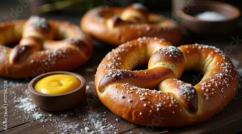 Three freshly baked pretzels topped with salt are displayed on a wooden table alongside a small bowl of mustard dipping sauce