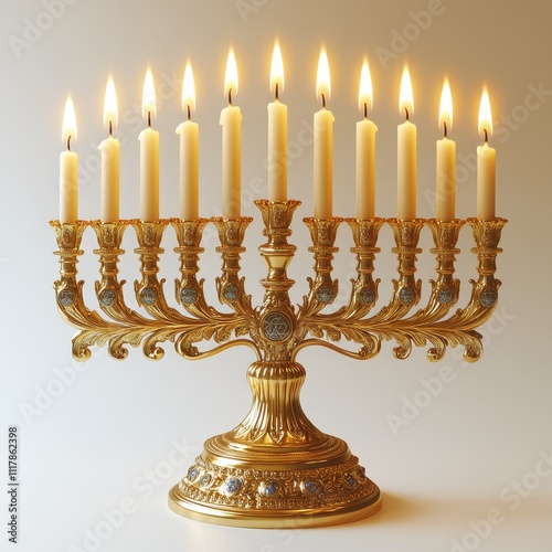 Ornate Gold Menorah with Lit Candles - Hanukkah, Judaism, Festive, Religious Symbol photo