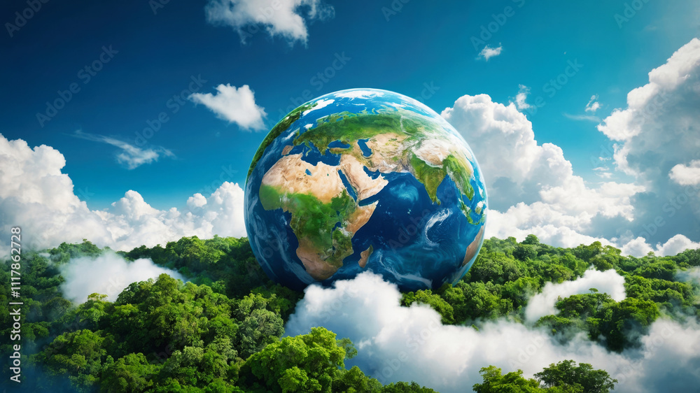 Earth planet with trees and water on it, surrounded by fluffy clouds. Environment and clean planet concept. Earth planet with trees and water on it, surrounded by fluffy clouds. Environment and clean planet concept.