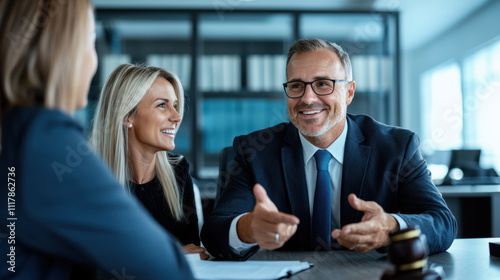 Experienced lawyer smiling and discussing with clients in office