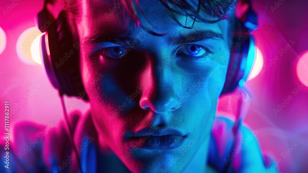 Portrait of young man wearing headphones with red and blue neon reflections on his face. Portrait of young man wearing headphones with red and blue neon reflections on his face.
