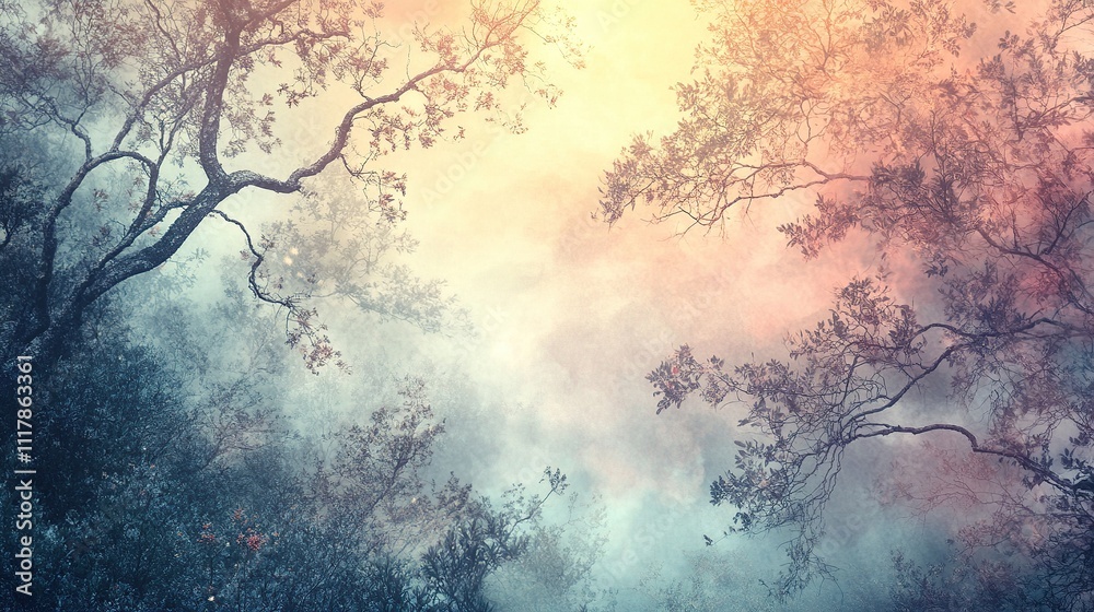 Obraz premium Dreamlike forest scene with misty, colorful sky and bare tree branches.