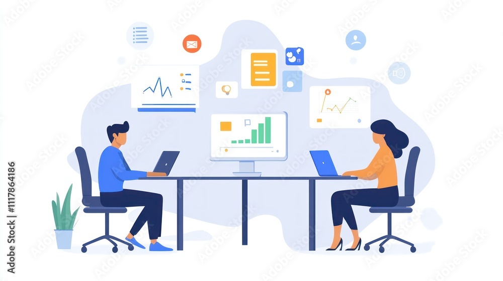Here's a description and keywords for your image.. Two colleagues collaborate on laptops and desktop, analyzing data charts and documents. Here's a description and keywords for your image.. Two colleagues collaborate on laptops and desktop, analyzing data charts and documents.