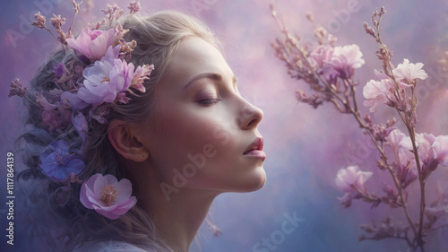 Creative fantasy portrait of a girl surrounded by flowers. Concept of dream, meditation, transcendent conscience and creative mind.