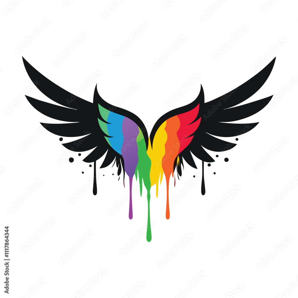 Fototapeta premium Angel Wings With Paint and Ink Splatters And Drips, Rainbow Colors, Isolated On White Background.