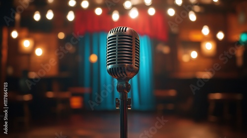 Vintage microphone on stage with bokeh lights.
