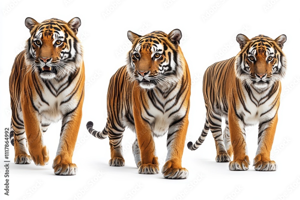 Obraz premium Three Majestic Tigers Walking Stunning High-Resolution Images of Bengal Tigers in Motion, Isolated on White Background