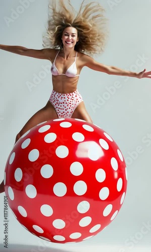 A dynamic video featuring a woman, joyfully posing on a red polka-dot and white background.
