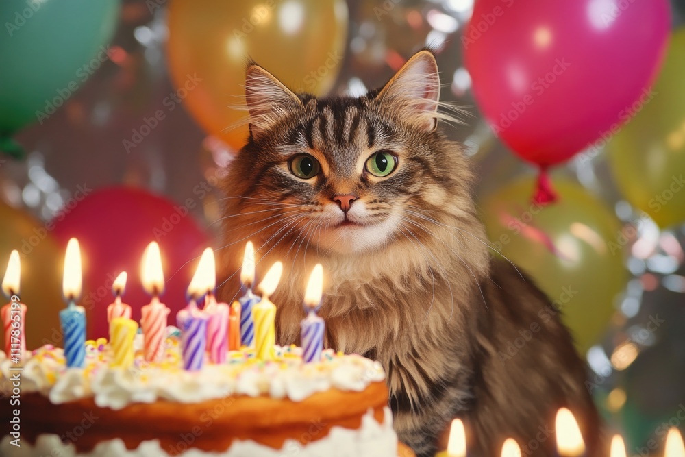 A cat sits in front of a lit birthday cake with candles A cat sits in front of a lit birthday cake with candles