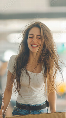 young woman with long hair is wincing while lifting heavy box, showcasing mix of effort and determination. Her expression reflects challenge of task at hand