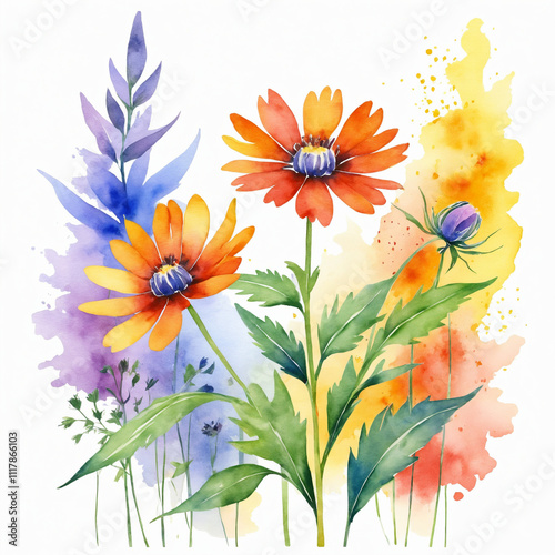 Watercolor Painting of Vibrant Wildflowers Isolated on a White Background, Elegant Floral Art