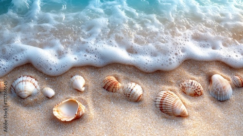 Seashells on Sandy Beach with Ocean Waves - Summer Vacation Background