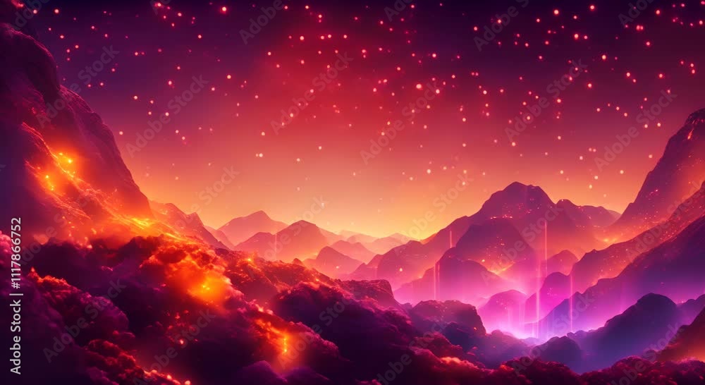 A vibrant digital landscape with glowing particles resembling a sunset or fire rain footage 4K