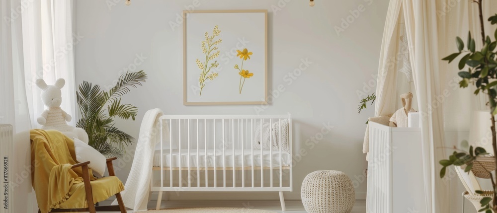 Bright white nursery with yellow accents, crib, flowers, and plants. Cozy and welcoming atmosphere with easy chair and blanket. Bright white nursery with yellow accents, crib, flowers, and plants. Cozy and welcoming atmosphere with easy chair and blanket.