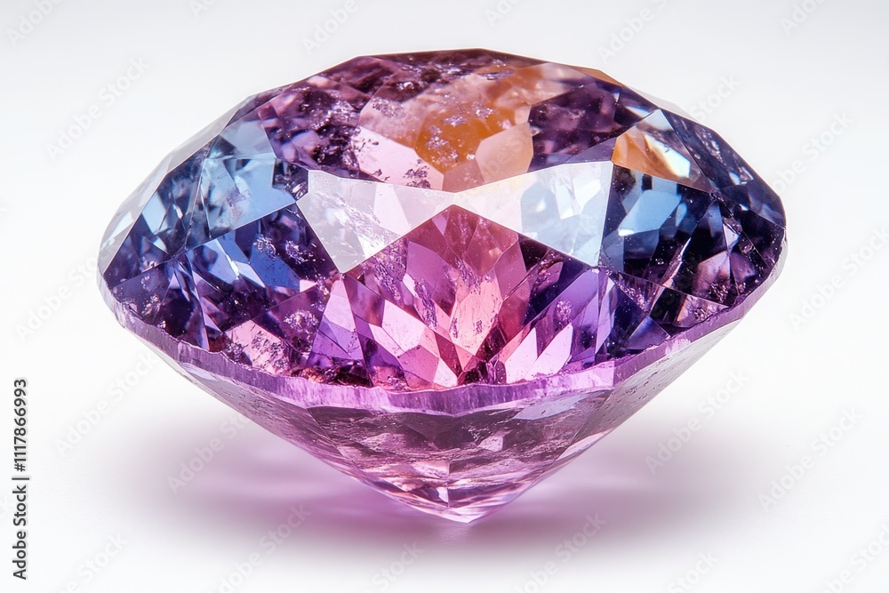 A single purple diamond sits on a white surface, ready for display or use A single purple diamond sits on a white surface, ready for display or use