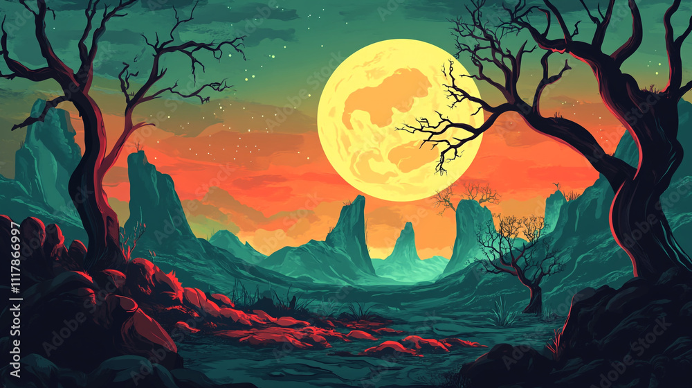 Vivid night landscape under a bright moon in a mystical wilderness Vivid night landscape under a bright moon in a mystical wilderness