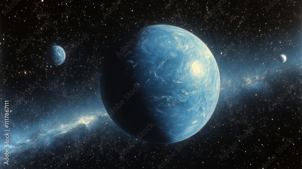 Obraz premium View of Neptune showcasing its deep blue hue illuminated by distant stars