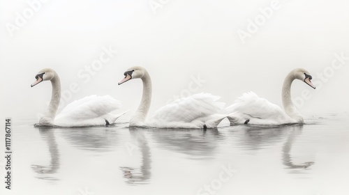 Three Graceful Swans Swimming in Serene Foggy Water Elegant Wildlife Photography