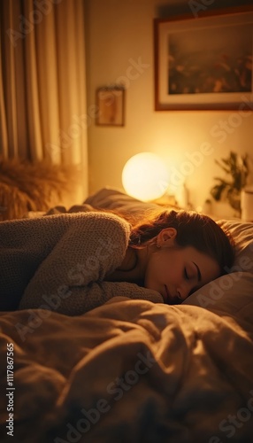 Tranquil nighttime photography of a young woman peacefully sleeping in a softly lit bedroom