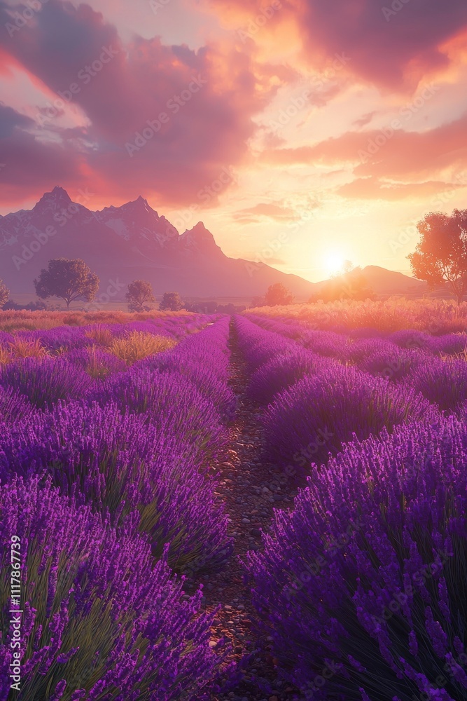 Fototapeta premium A breathtaking sunset over vibrant lavender fields, surrounded by majestic mountains and colorful sky.